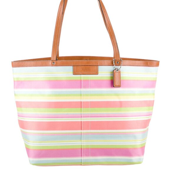 Like New Coach Hampton Pastel Striped Satchel Tote Bag Purse - Picture 1 of 13